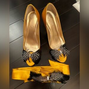 J Crew Collection satin and feather peep toe heels with matching belt